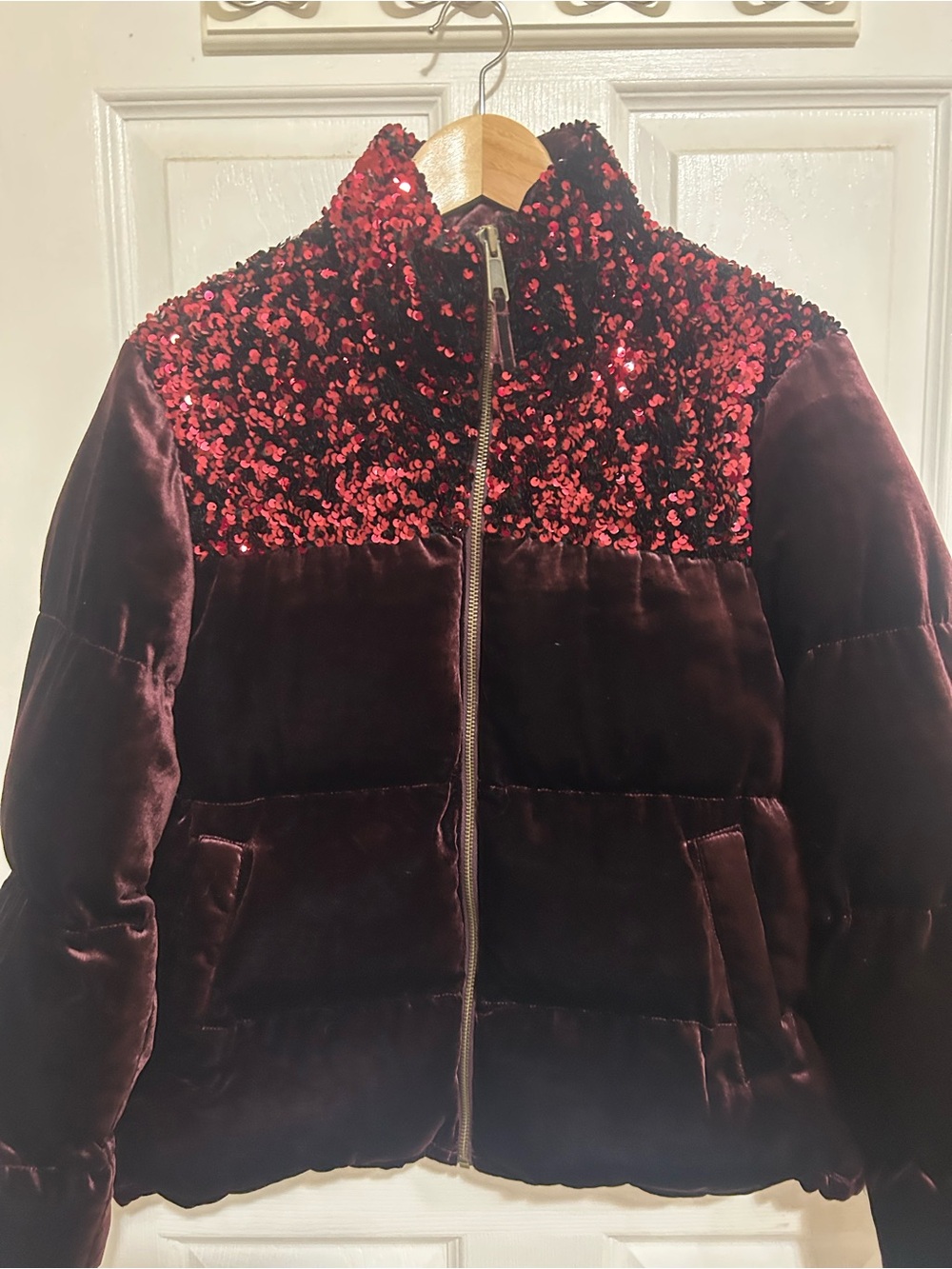 Anthropologie Burgundy Velvet Puffer with Sequin Yoke